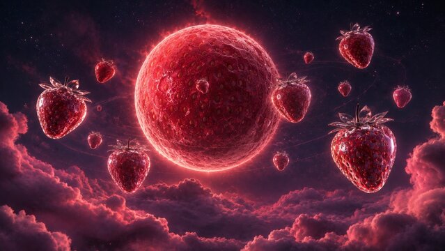Floating strawberries with glowing moon in a surreal night sky  