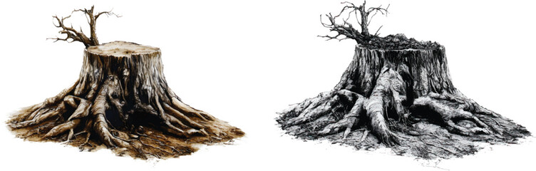 Fototapeta premium two images side by side, the first one is of an old tree stump with roots, on a transparent background