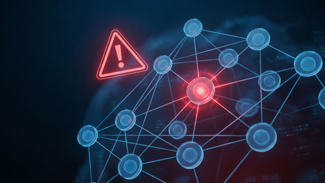 Glowing Red Warning Triangle Over Digital Network Nodes Symbolizing Cyber Threat and Security Alert Perfect for Cybersecurity Advertising Technology Presentation and Background