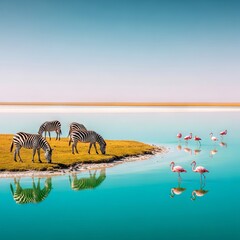 Obraz premium A herd of striped zebras grazes near a turquoise mineral lake, while elegant pink birds reflect in the shimmering, sunlit saline water, outdoors, lake, herd