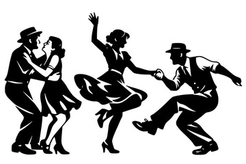 Obraz premium Vector silhouette of three dancing couples in vintage attire, lively poses with hats, suits, and dresses. Symbol of swing, jazz, rhythm, and social celebration.