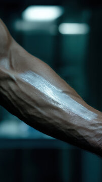 Close up of human arm with visible veins metallic strip under skin futuristic technology smart dermal implant blue background innovation medical science fiction cybernetic detail