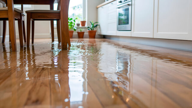 Home kitchen flooded with water on a wooden floor showing house damage and repair need