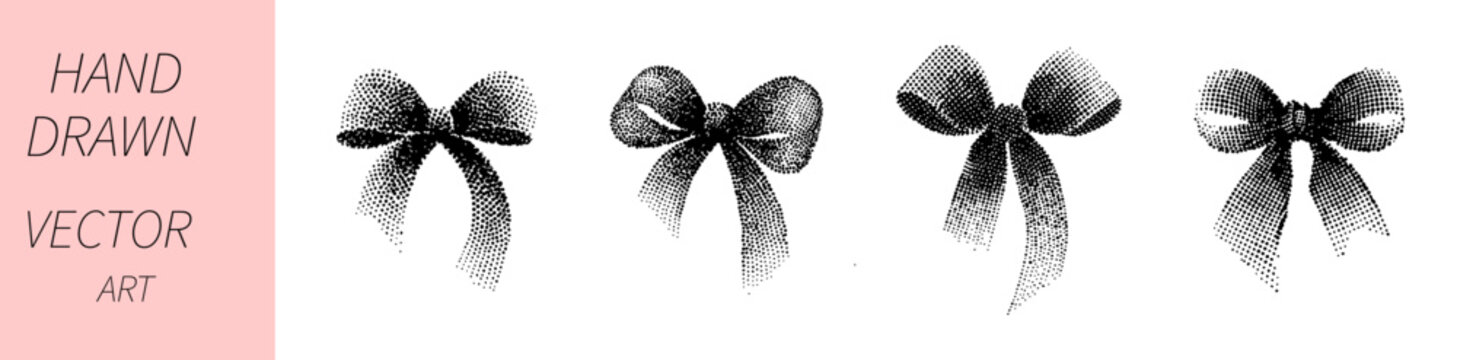 Vintage Halftone Ribbon Bow Set Hand Drawn Retro Dotted Gift Decoration Collection Isolated Black And White Vector Illustration For Packaging Branding Crafts Design
