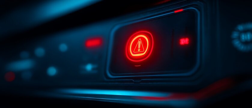 Close-up of a cars dashboard warning light illuminated in red, indicating a brake system issue.