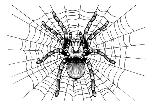 Engraving illustration of a tarantula spider depicting detailed arachnid on web for Halloween and nature design