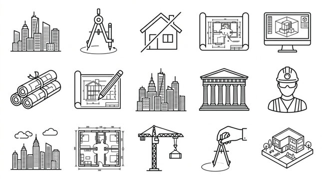 Architecture blueprint and civil engineering flat vector icon kit with floor plan layout and drafting compass elements isolated on white background