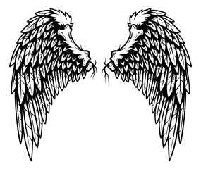 Obraz premium Engraving style illustration of symmetrical angel wings depicting detailed feathers and ornate spread design for tattoo and spiritual use