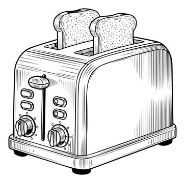 Engraving illustration of a two slice toaster depicting bread slots and control knobs for kitchen and appliance design