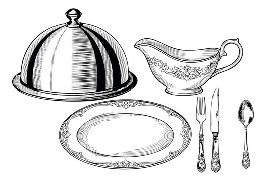Engraving illustration of elegant dining set depicting formal table setting with cloche, sauce boat and cutlery for restaurant design