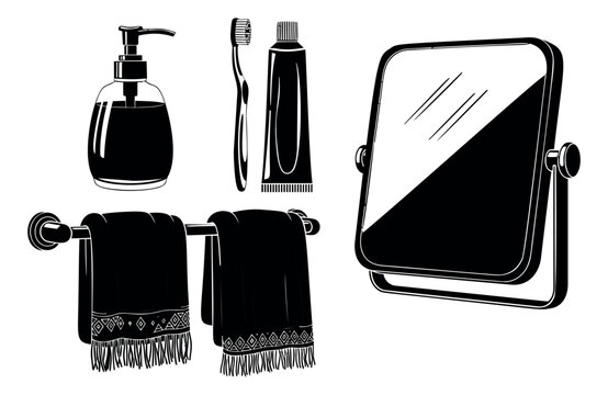 Bold silhouette icon set of 5 bathroom essentials featuring soap dispenser, toothbrush, toothpaste, towel rack and mirror for hygiene design