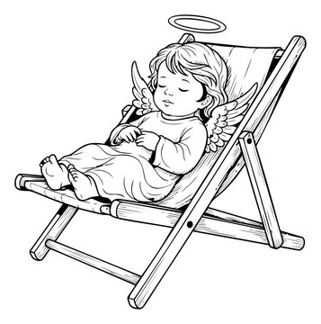 Outline illustration of a cherub angel depicting a sleeping baby with halo and wings resting on a deck chair for holiday and greeting design