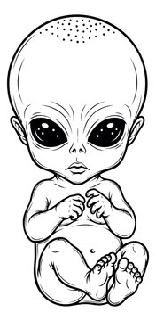 Cartoon illustration of a baby alien depicting a cute extraterrestrial infant in a seated pose for sci fi and fantasy design