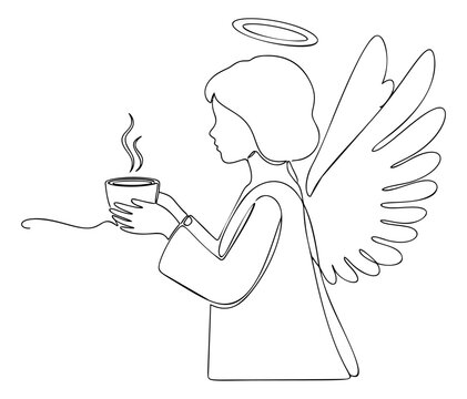 Line art illustration of an angel holding a hot coffee cup depicting a heavenly morning ritual for cafe and lifestyle design