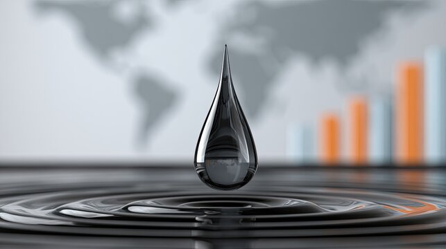 Oil drop on rippling surface, world map, financial charts in background