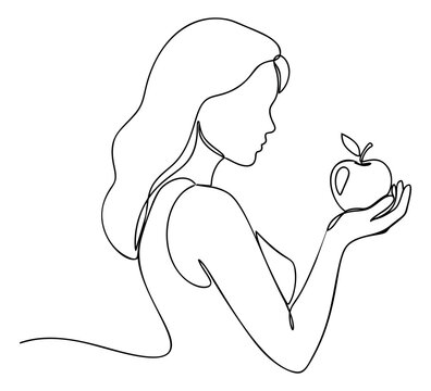Continuous line art illustration of a woman holding an apple depicting health and nutrition concept for wellness design
