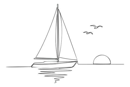 One line art illustration of a sailboat depicting a sunset seascape with seagulls for travel and nautical design