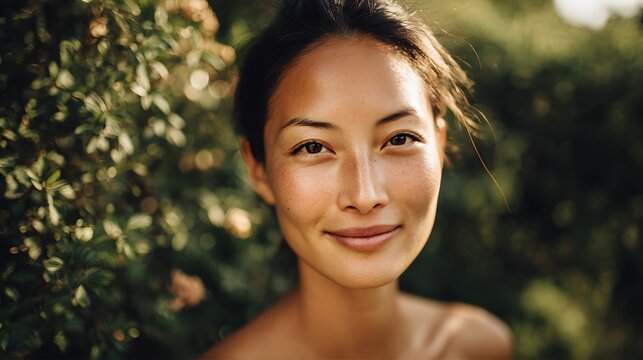 Portrait of a beautiful healthy woman with natural glowing skin. Smiling female model face on a fresh green background template for beauty skincare banners
