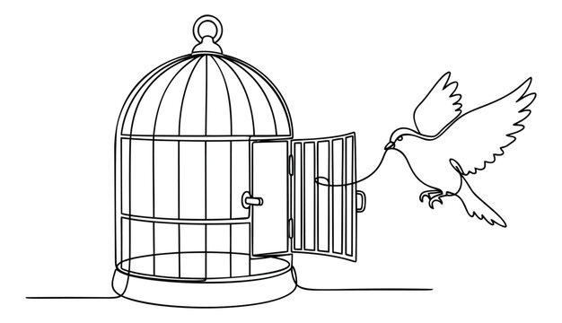 Line art illustration of bird escaping open cage depicting freedom and liberation concept for motivational design