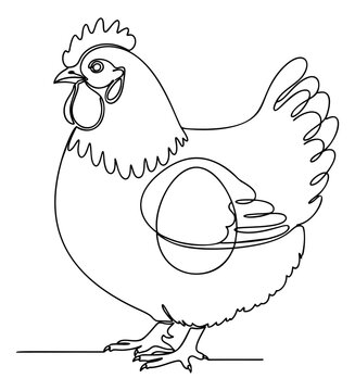 Continuous line art illustration of a hen depicting egg laying concept for farm and agriculture design