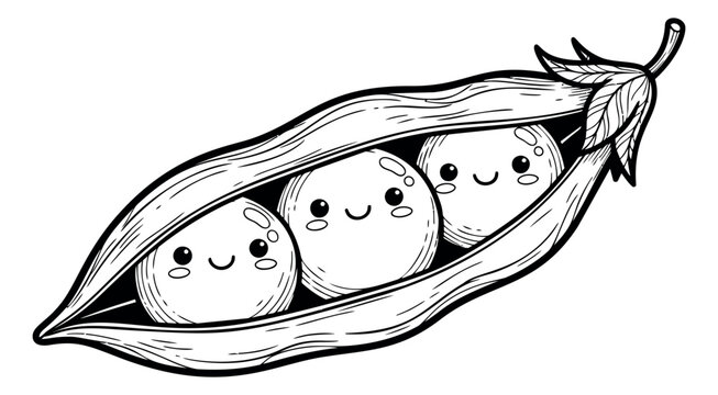 Cartoon outline illustration of three peas in a pod depicting cute kawaii characters for food and children design