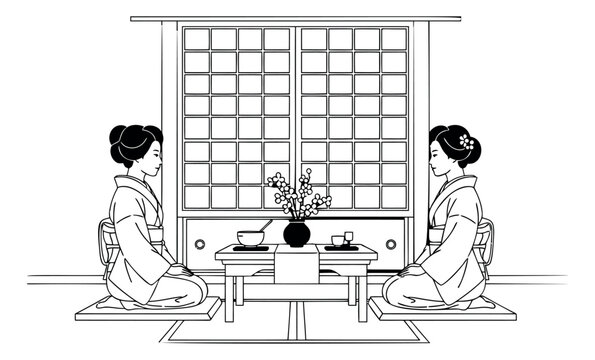 Line art illustration of two women in kimono depicting a traditional Japanese tea ceremony for cultural and travel design