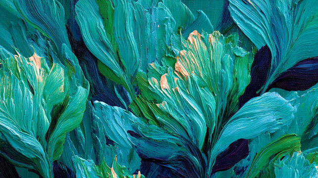 Abstract impressionist oil painting with lush green and teal textured, fine art