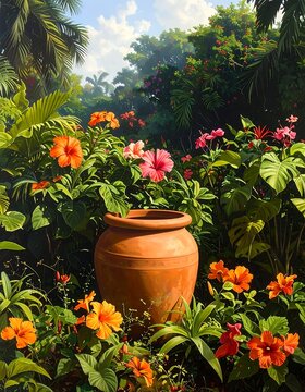 Lush Tropical Garden with Colorful Hibiscus Flowers Surrounding Clay Pot in Sunlit Jungle