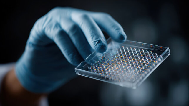 Gloved hand holding transparent microarray plate laboratory research scientific innovation biotechnology medical analysis precision sterile environment futuristic technology
