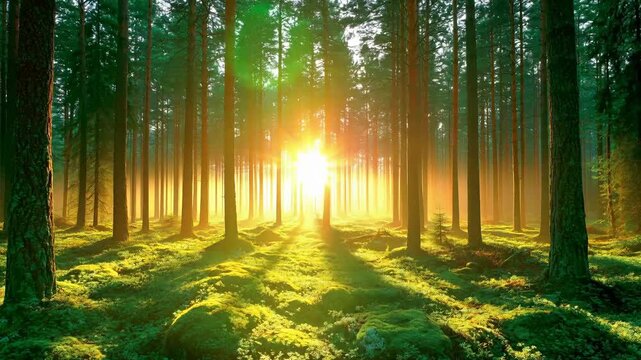 The sunbeams filtering through the forest create a mystical backdrop for environmental projects and meditation practices.
