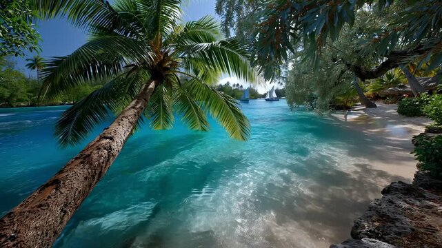 A tropical beach lined with palm trees provides an idyllic backdrop for adverts promoting resorts and exotic holidays.
