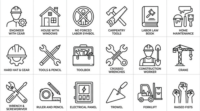 Construction tools and home maintenance flat vector icon kit with toolbox and hard hat elements isolated on white background
