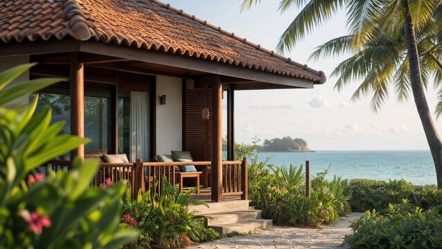 beachfront. A beachfront bungalow at a seaside resort with tropical landscaping and an ocean view. tourism brochures, itinerary planners, designed for travel destination branding.