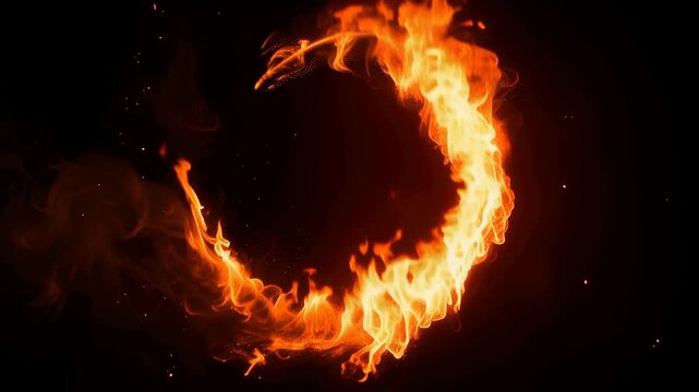 Glowing ring of fire with swirling flames on dark background creating dramatic energy effect