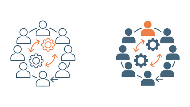 Team coordination and operational gear rotation icon set with human interaction in linear and flat styles for business management workflow optimization and organizational development design projects