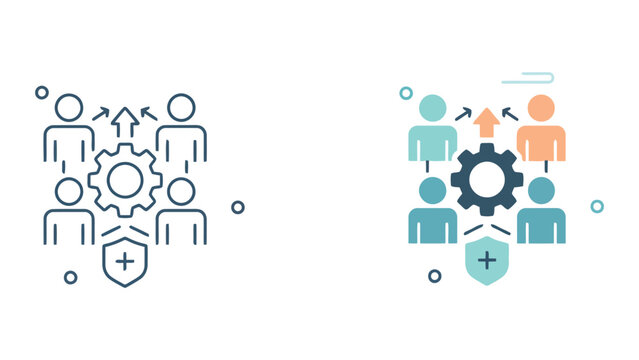 Professional team management and security icon showing central gear and shield with growth arrows in a flat vector graphic style for cybersecurity and organizational leadership concepts
