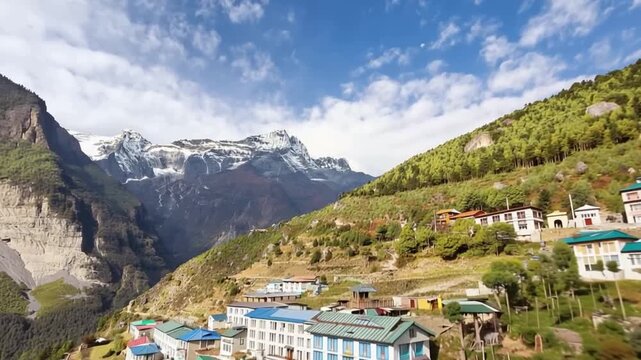 Namche Bazaar village on the way to Everest Base. Nepal. Aerial view.