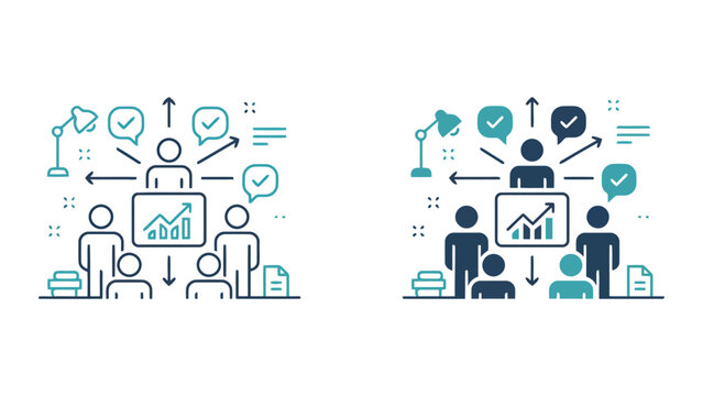 Team presentation and project reporting icon with speaker and charts showing collaborative meeting and office workflow in professional vector graphic design style