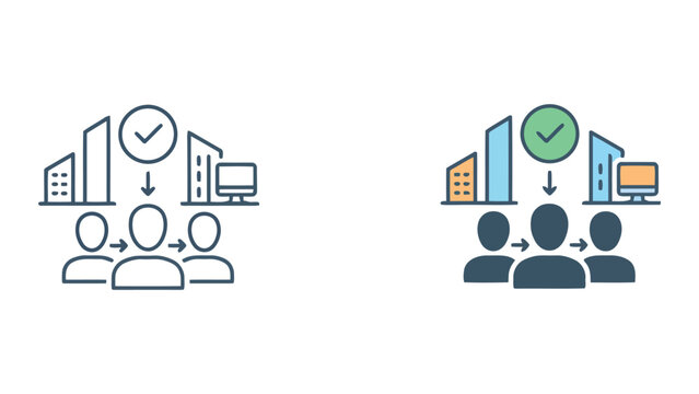 Business process flow icon with people and office buildings showing task completion and workflow management in professional vector graphic design for corporate operations