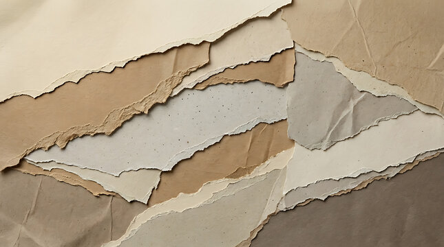 Torn paper texture featuring brown and beige layers with a rough deckle edge and fibrous surface pattern for organic design. Natural background for branding layout and creative collage material.