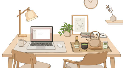 Fototapeta premium Calm Minimal Japandi Workspace with Laptop Tea and Matcha Set Cozy Home Office Desk Illustration for Relaxing Work Environment