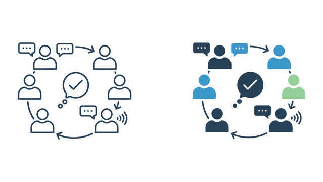 Team communication and feedback loop vector icon showing a group of people in a circular flow with speech bubbles and checkmark representing efficient task completion and collaborative dialogue
