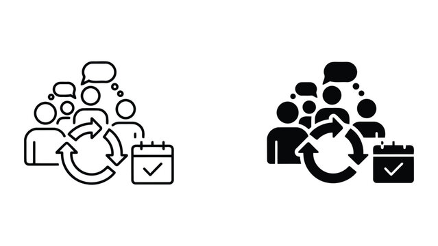 Team project cycle and calendar scheduling icon set with group of people in discussion and circular process arrows for time management and project iteration workflow vector graphic design