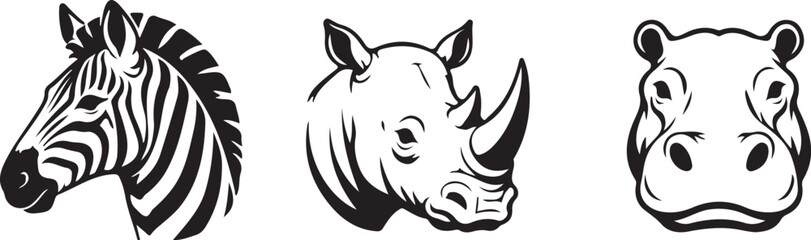 Zebra, Rhinoceros and Hippopotamus Head Icons Vector Set – African Wildlife Animal Logo Collection. © tjxvact