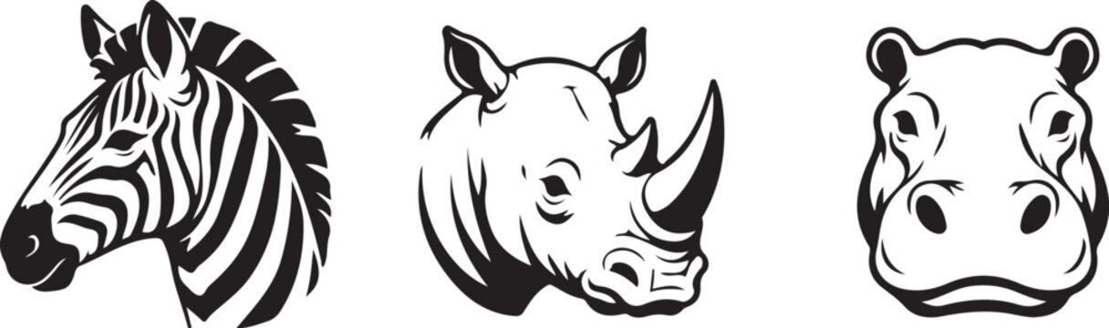 Zebra, Rhinoceros and Hippopotamus Head Icons Vector Set &ndash; African Wildlife Animal Logo Collection.