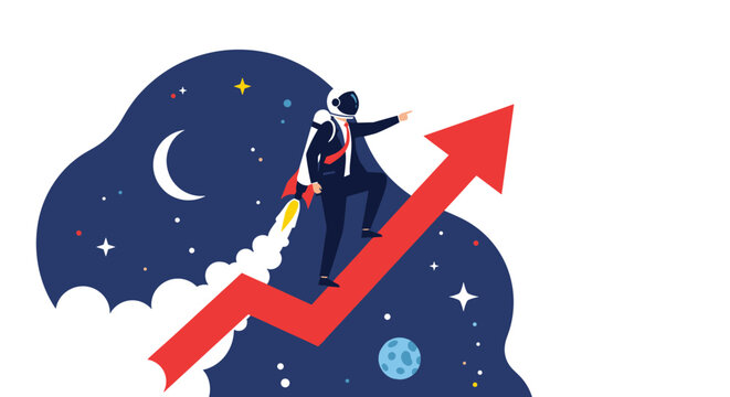 Astronaut businessman with a jetpack flies up a rising red arrow in space to represent rapid career growth and ambitious corporate success.
