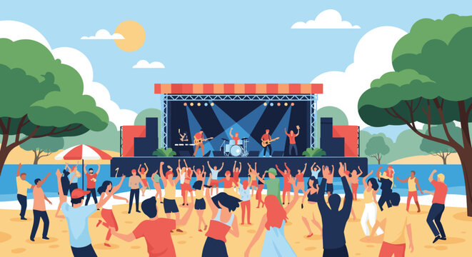 Vibrant beach music festival features a live band performing on stage for an energetic crowd dancing on the sand under a sunny summer sky.