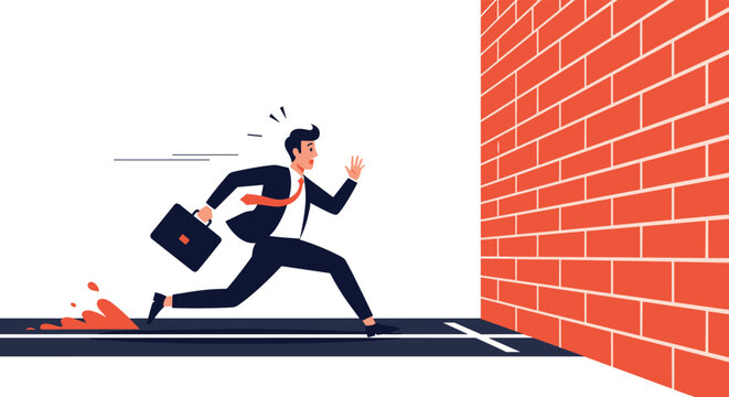 Businessman runs towards a solid red brick wall representing a career obstacle, professional challenge, or sudden dead end in a project or plan.