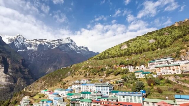Namche Bazaar village on the way to Everest Base. Nepal. Aerial view.