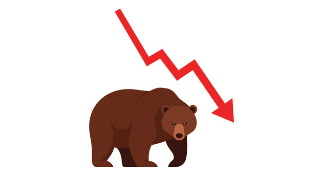 Large brown bear stands next to a red arrow pointing downwards to illustrate a bear market, economic downturn, or falling stock prices in finance.